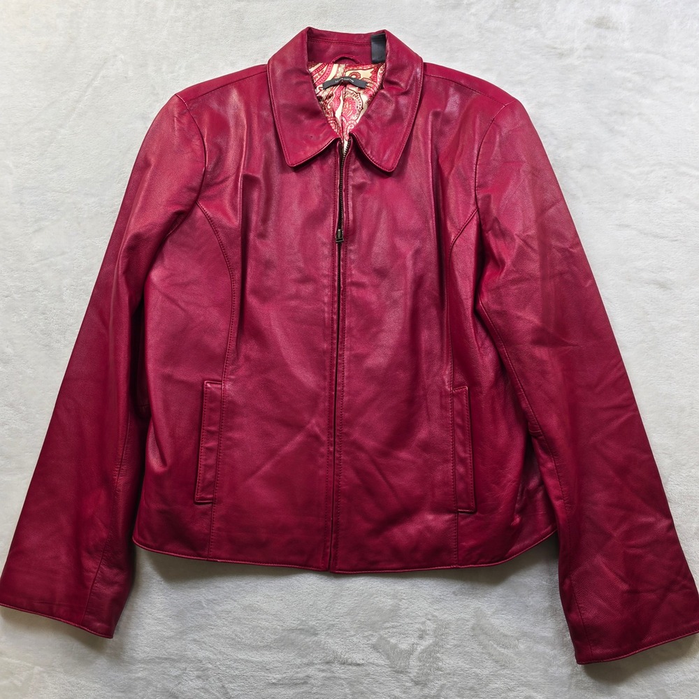 Liz Claiborne Leather‎ Jacket Women 16 Red Pink Paisley Lined Zip Front Coat - Picture 2 of 12